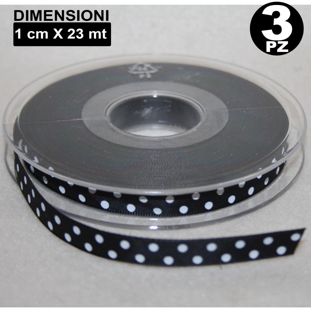 Trade Shop - 3 Rotoli Nastro Nero Pois Bomboniera Organza Raso Bobina Decorazioni Decoupage -
