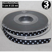 Trade Shop - 3 Rotoli Nastro Nero Pois Bomboniera Organza Raso Bobina Decorazioni Decoupage -