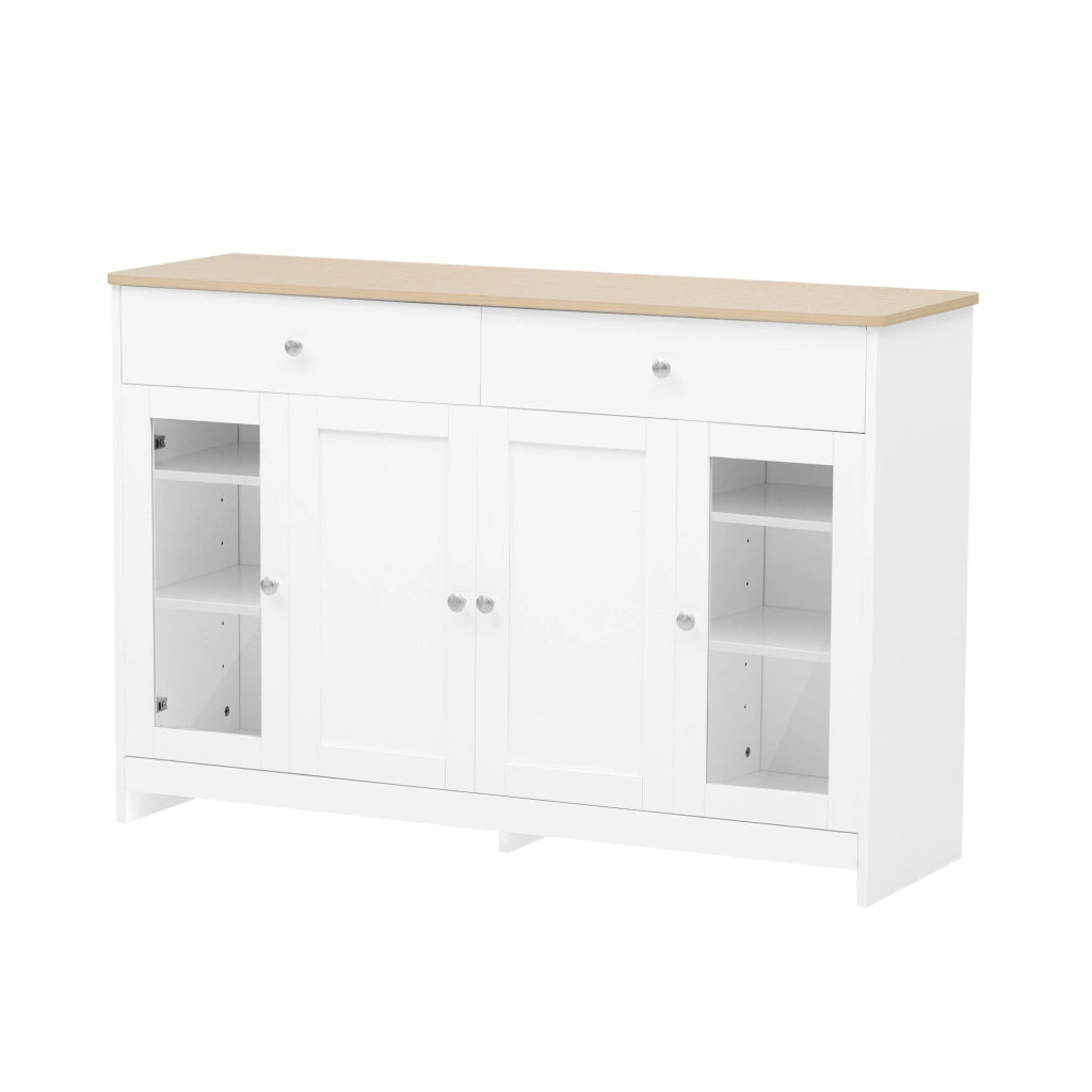 Credenza 120x37x80 cm con 2 cassetti; 4 ante e ripiani regolabili; MDF bianco e colore legno