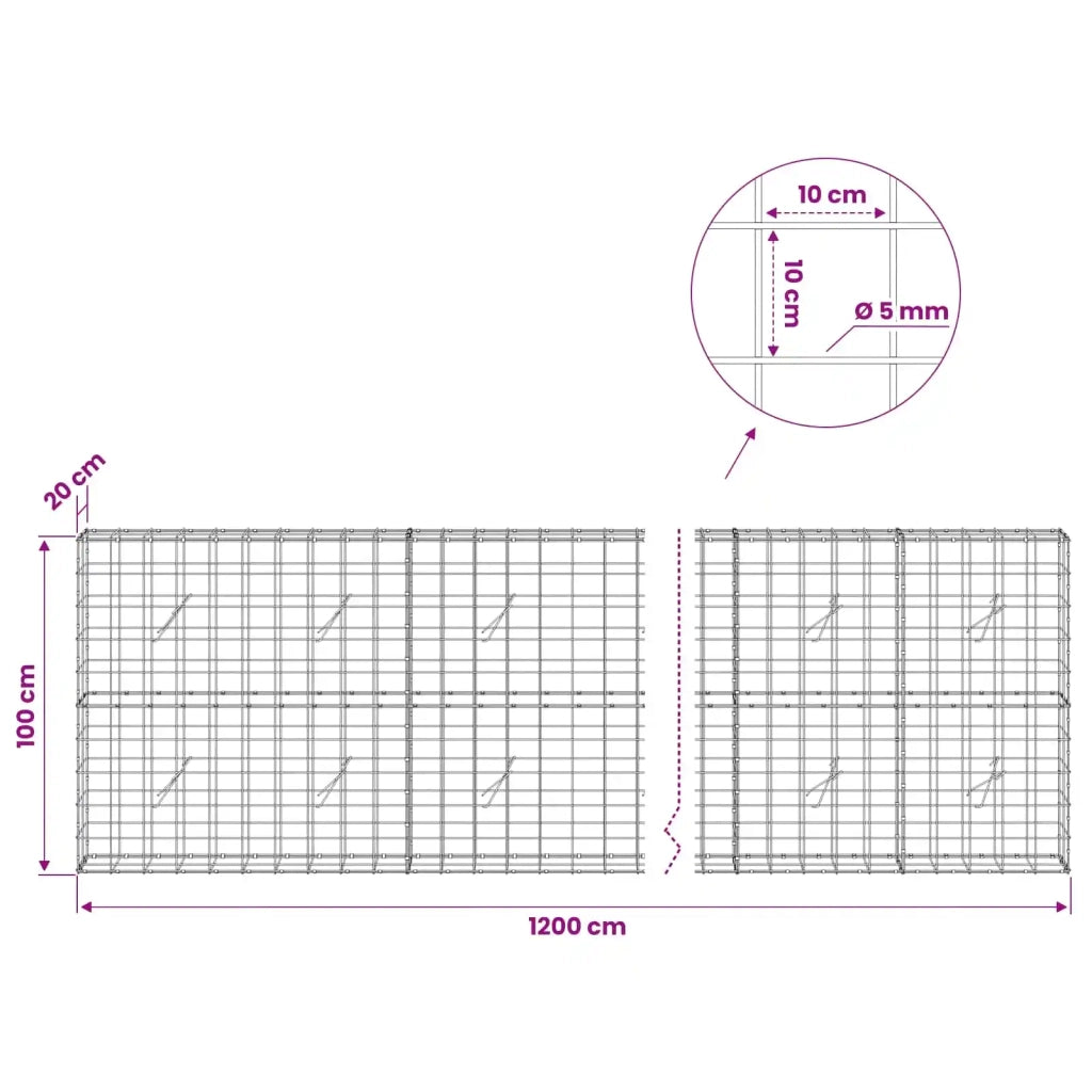 Gabione con Filo da 5 mm e Rete da 10x10 cm 1200x20x100 cm 3465042