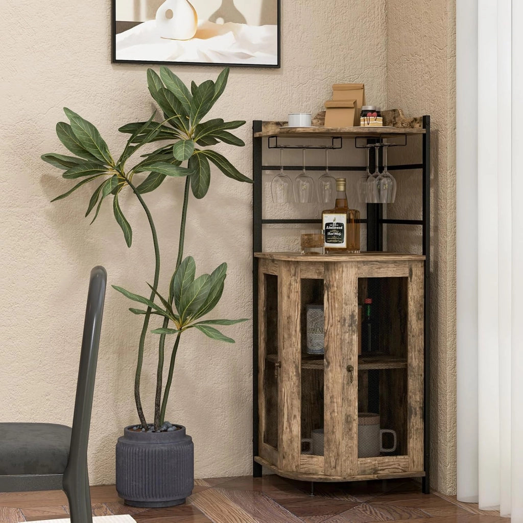 Armadietto Angolare Industriale Da Bar Con Supporto In Vetro, Armadietto Da Vino Con Ripiano Regolabile, Portabottiglie Vino Da Cucina Con Protezione, 130x47,5x47,5 cm (Grigio Quercia)