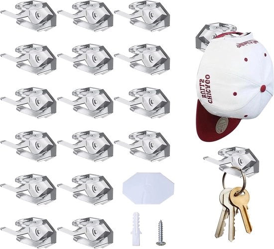 Pakket di 16 tensoori per muro, chiodi da parete trasparenti, tensoori, tensoori per cappelli, supporto per cappelli, tensoori per cinture, tensoori per cuffie, tensoori per sciarpe