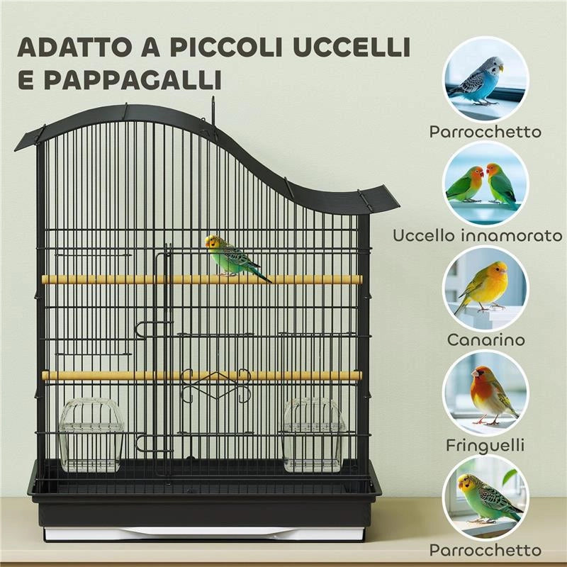 GABBIA PER UCCELLI A 4 PORTE CON 2 CIOTOLE, 2 POSATOI E VASSOIO, IN METALLO E PLASTICA, 47.5X36X54.5 CM, NERO