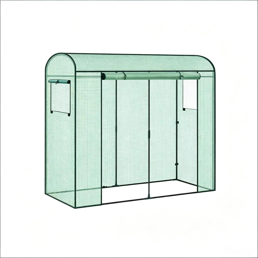 Serra a tunnel con tetto curvo, 2 finestre incernierate e copertura arrotolabile in acciaio e PE verde 170 × 68 × 200 cm