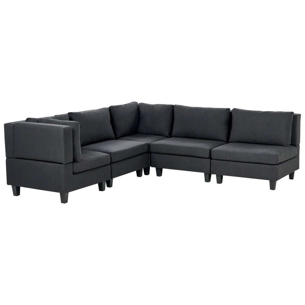Divano componibile a 5 posti imbottito in tessuto nero gambe nere lato destro stile moderno