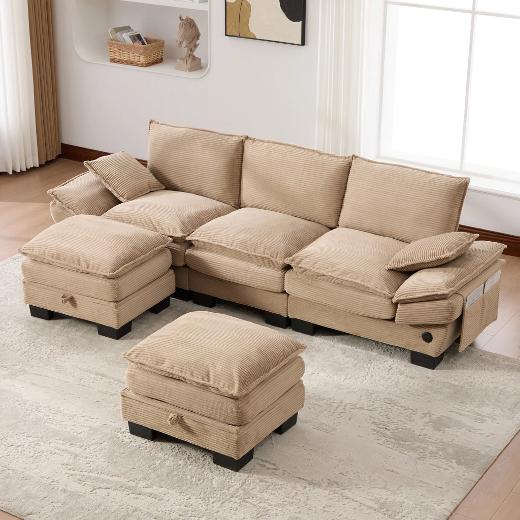 Divano Modulare 3 Posti in Corduroy con Pouf, USB-C e Tasche Laterali, Cachi