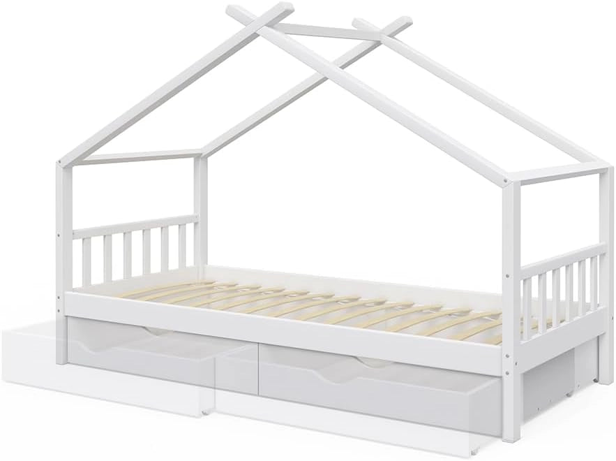 Letto montessori bambini Design, Bianco, 90x200 cm con 2 cassetti, con sponda anticaduta e rete a doghe per un sonno sicuro