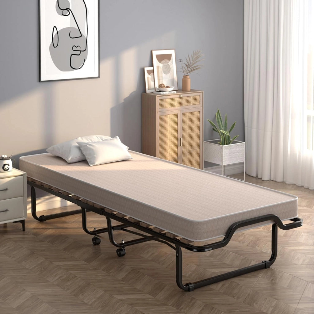 Letto Singolo Pieghevole, Portata di 120 kg, Letto Singolo con Materasso e 4 Ruote, 4 Gambe in Mettallo, Fibbia Fissata, 80 x 200 cm, Ideale per Viaggio e di Riserva