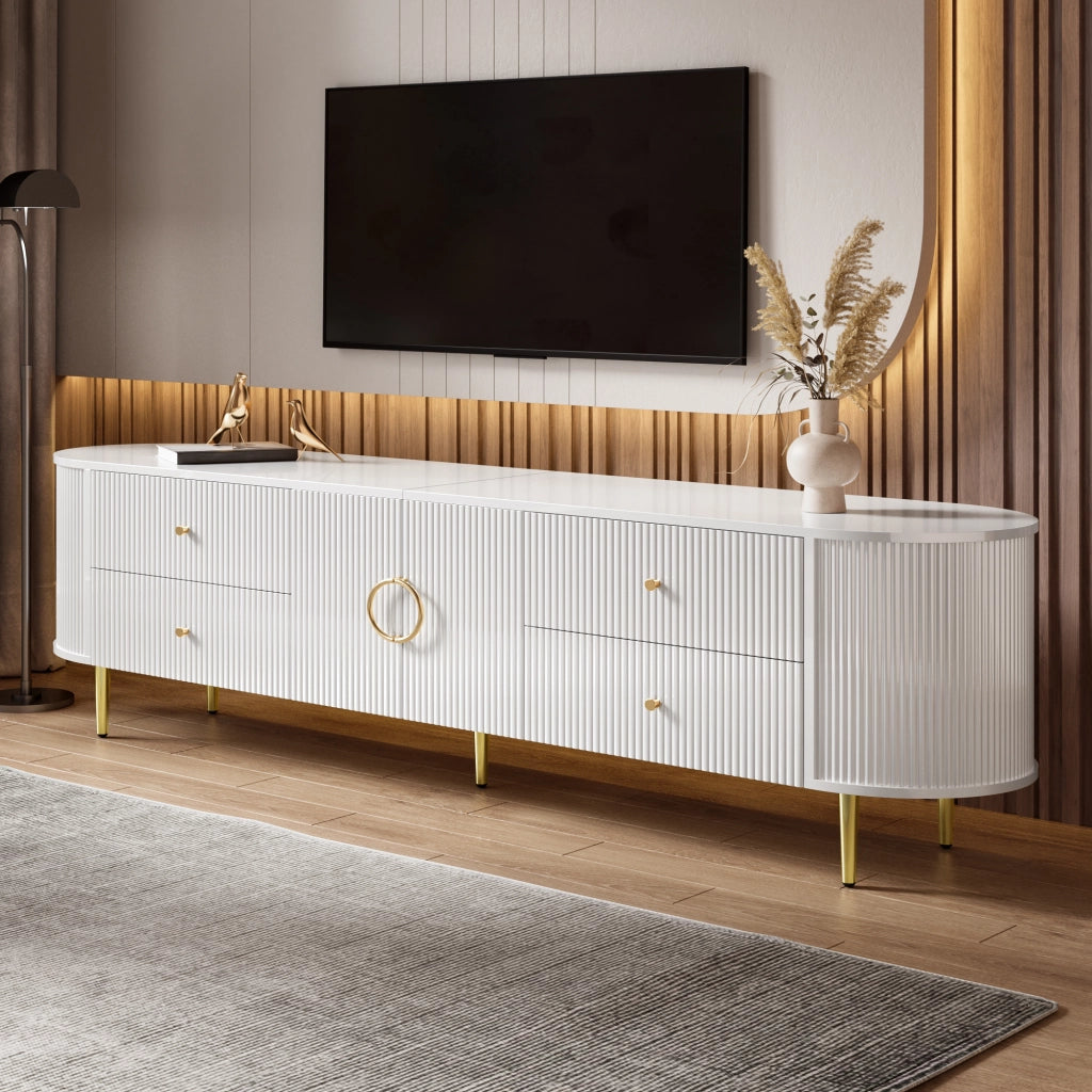 Mobile TV con ante a onde tridimensionali e cassetti; 180x40x38 cm; MDF bianco