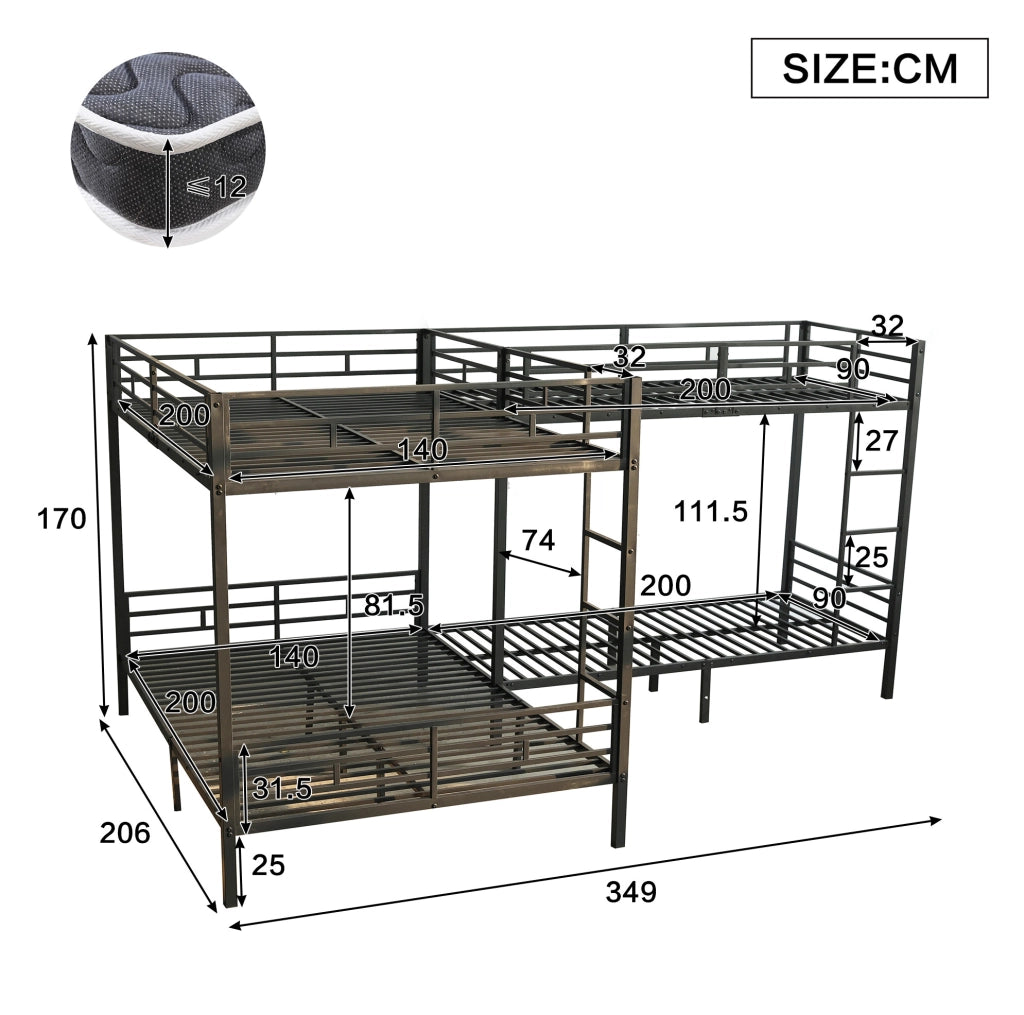 Letto a castello ULEVR 90x200 e 140x200 cm in ferro nero con rete a doghe e scala a 3 gradini