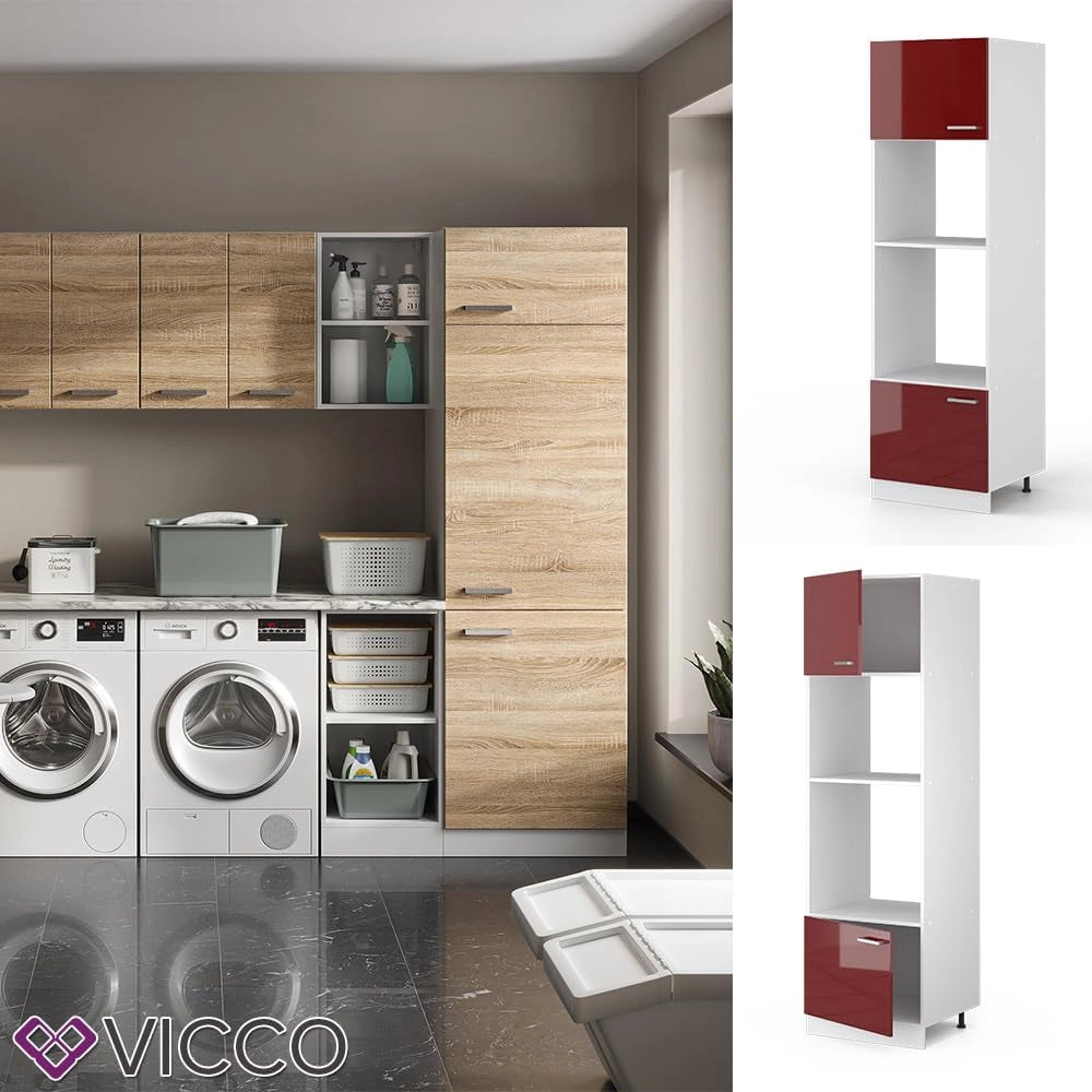 Dispensa universale R-Line, Rosso bordeaux lucido, 60 cm con ripiani e ante a giorno, per la conservazione di utensili domestici e scorte