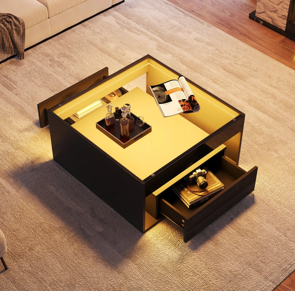 Tavolino da caffè 70 x 70 x 35 cm con 2 cassetti; piano in vetro temperato; nero