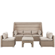 Lounge Set da Giardino con Copertura a 5 Posti in Rattan Beige