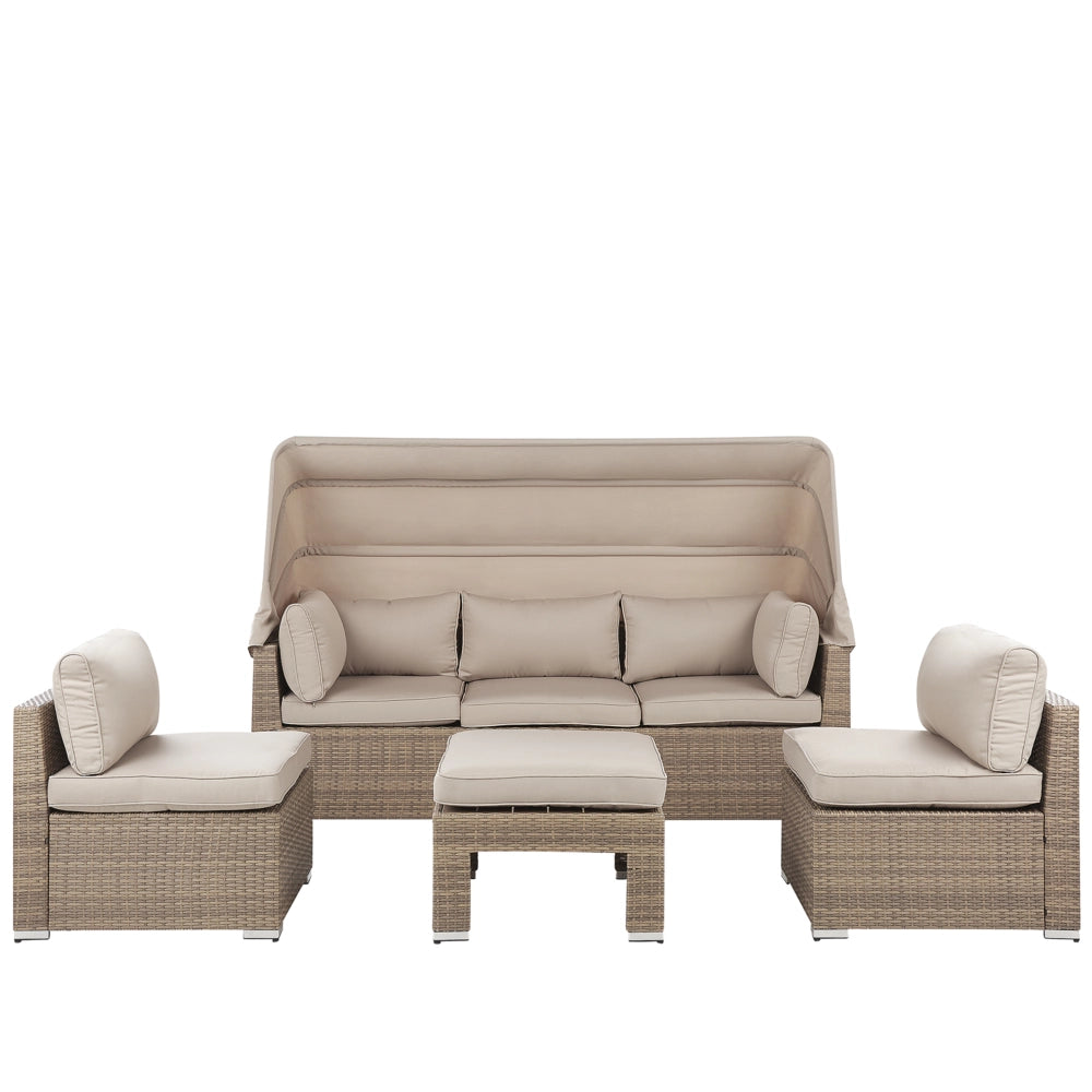 Lounge Set da Giardino con Copertura a 5 Posti in Rattan Beige