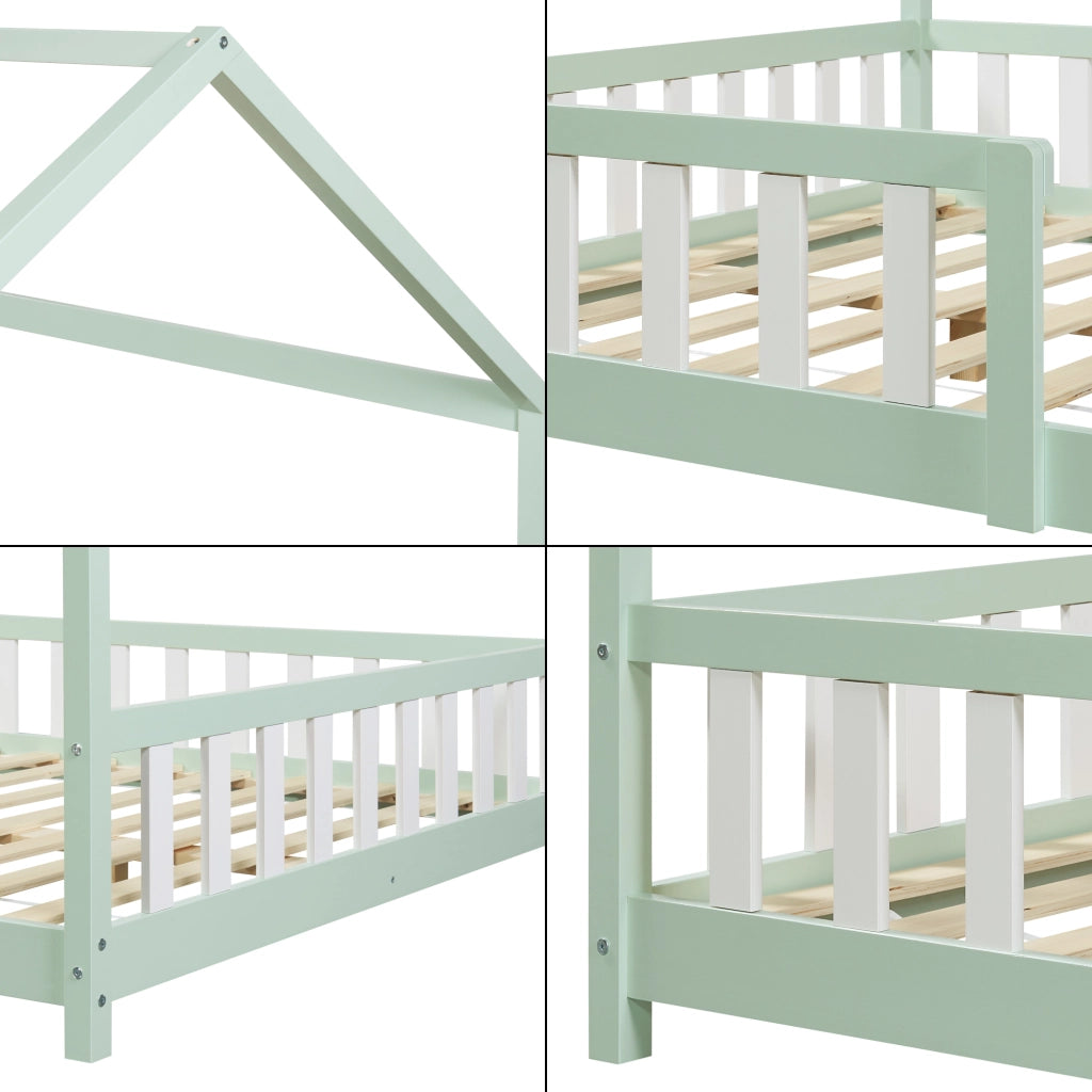 Letto Piazza e Mezza Hesel per Cameretta Forma di Casetta con Materasso 120 x 200 cm Menta Verde [en.casa]