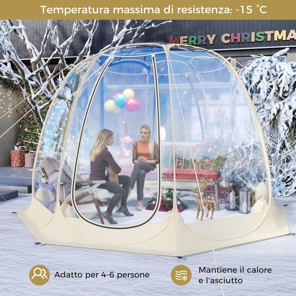 Tenda a Bolle Pop Up, Tenda da Campeggio Trasparente per 5-6 Persone, Antivento e Impermeabile, Igloo Portatile da Giardino in PVC, per Pesca, Spiaggia, Eventi Sportivi e Attività all’Aperto