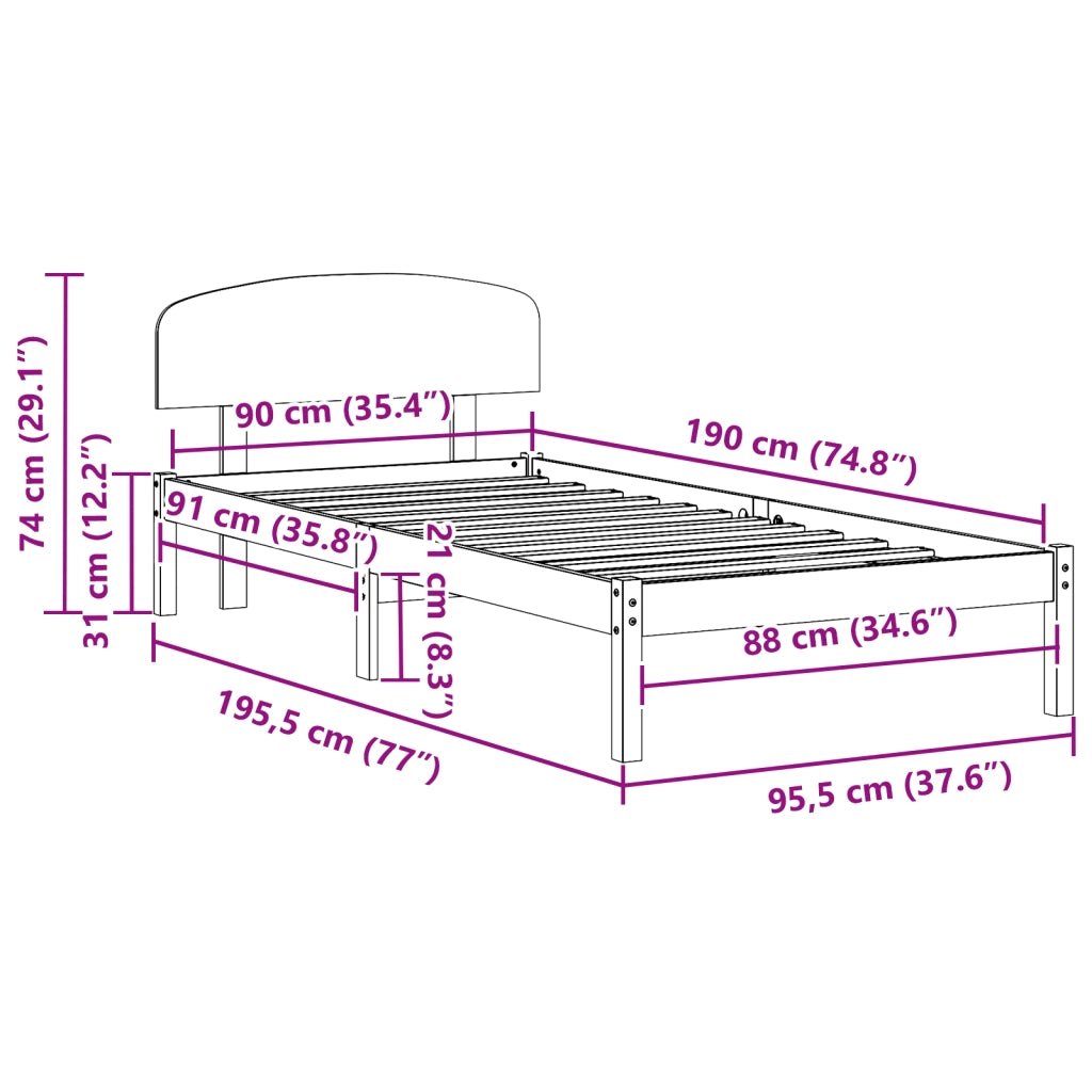 Struttura Letto con Testiera Marrone Cerato 90x190 cm Legno Massello di Pino