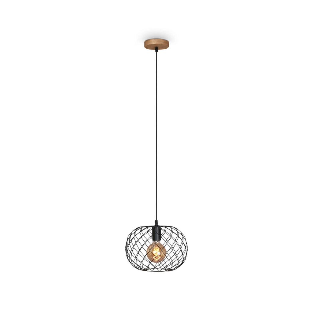 Lampada A Sospensione Vintage Winki Legno Marrone Metallo Nero 1 Luce E27 D.30