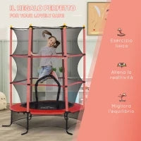 Trampolino Elastico per Bambini Ø1.6x1.9 m con Rete di Sicurezza e Pali Imbottiti, Età 3-10 Anni, Rosso
