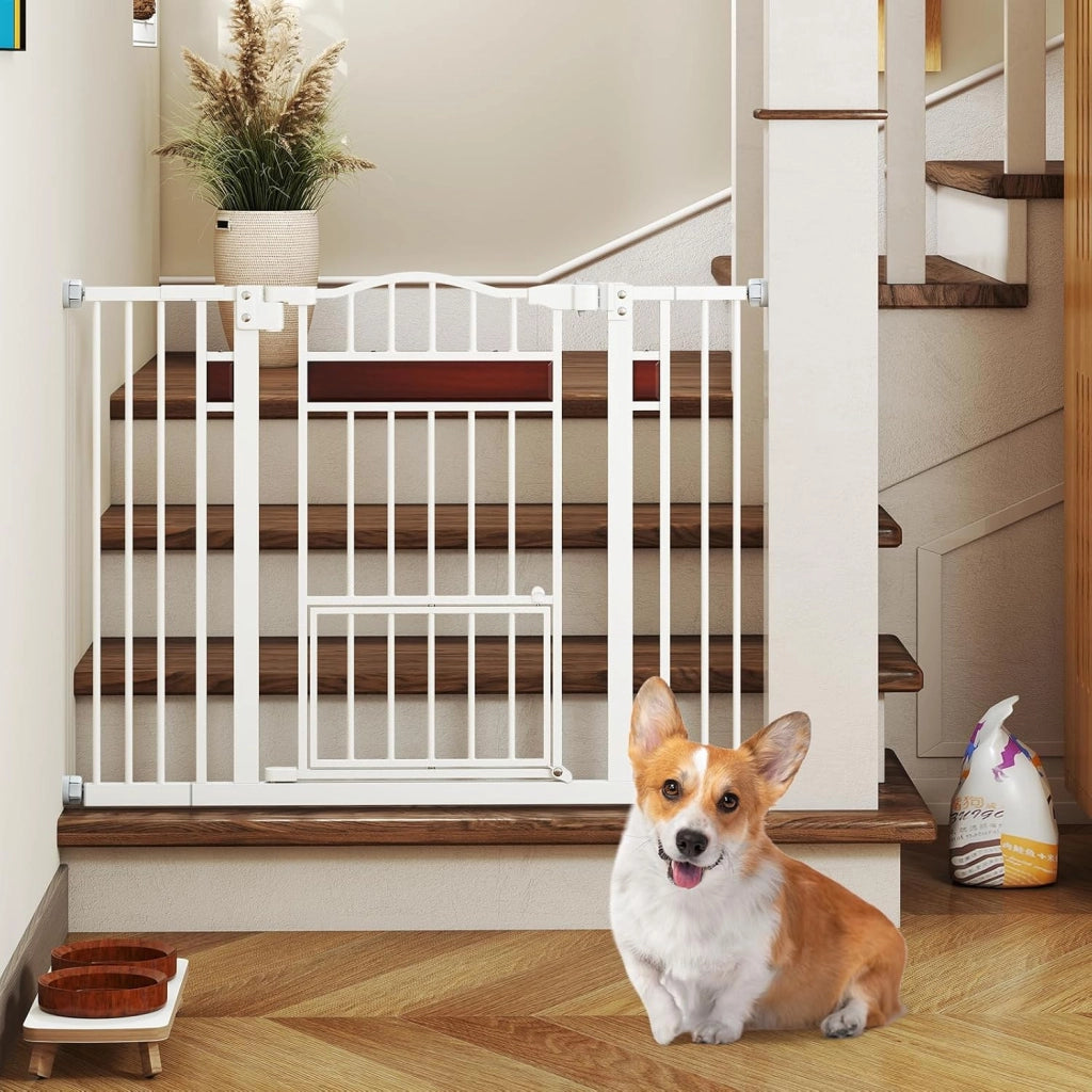 Cancelletto per Cani per Aperture 74-104 cm, Cancello per Cani con Porta Piccola, 2 Estensioni e Doppio Blocco, Cancelletto in Metallo da Interno per Cucina, Scale e Soggiorno (Bianco)