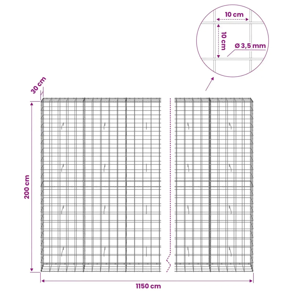 Gabione con Filo da 3,5 mm e Rete da 10x10 cm 1150x30x200 cm 3463265