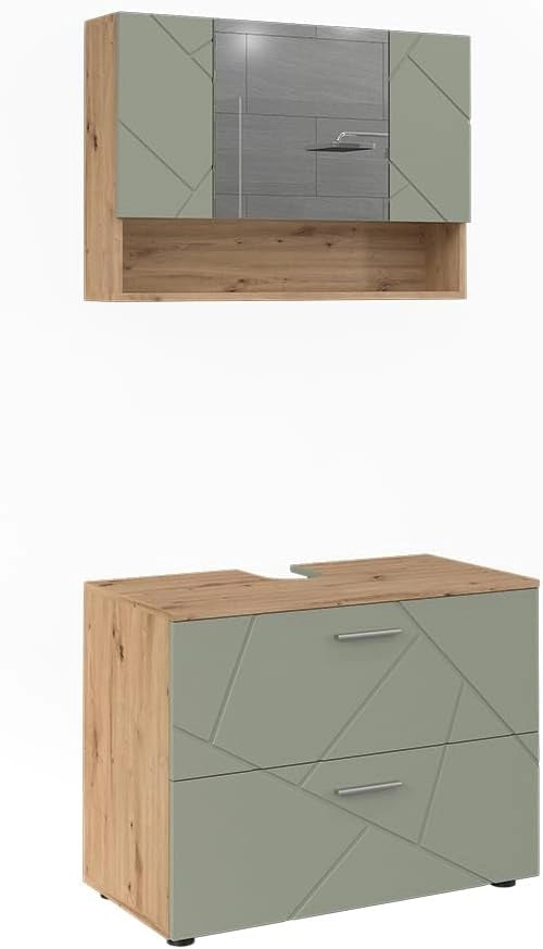 Set di mobili da bagno Irma, Verde salvia, 80 cm, composto da specchio da bagno e mobile sottolavabo