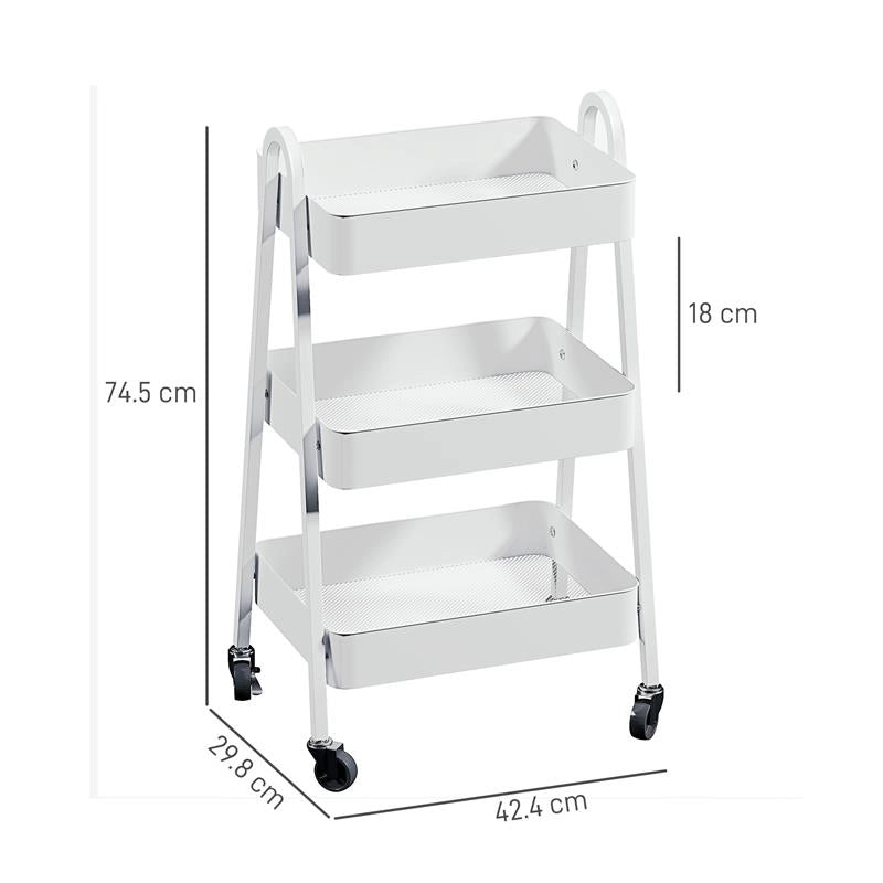 CARRELLO CUCINA MULTIUSO A 3 LIVELLI RUOTE GIREVOLI CON FRENO E MANIGLIE BIANCO 42.4X29.8X74.5 CM