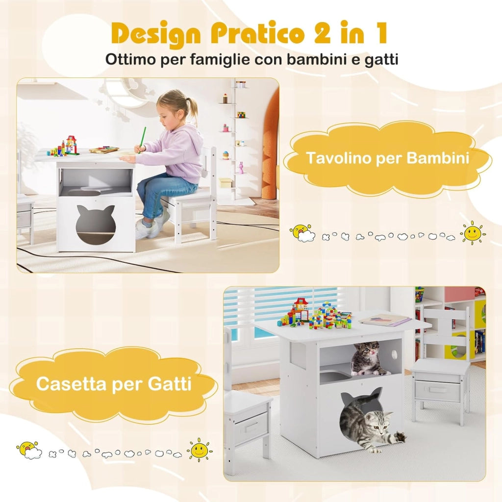 Tavole e Sedie per Bambini 3+ Anni, Tavolo in Legno con Casetta per Gatti, Buco per Gatti & Finestra Trasparente, 2 Sedie con Contenitori in Tessuto, Ideale per Disegnare e Studiare
