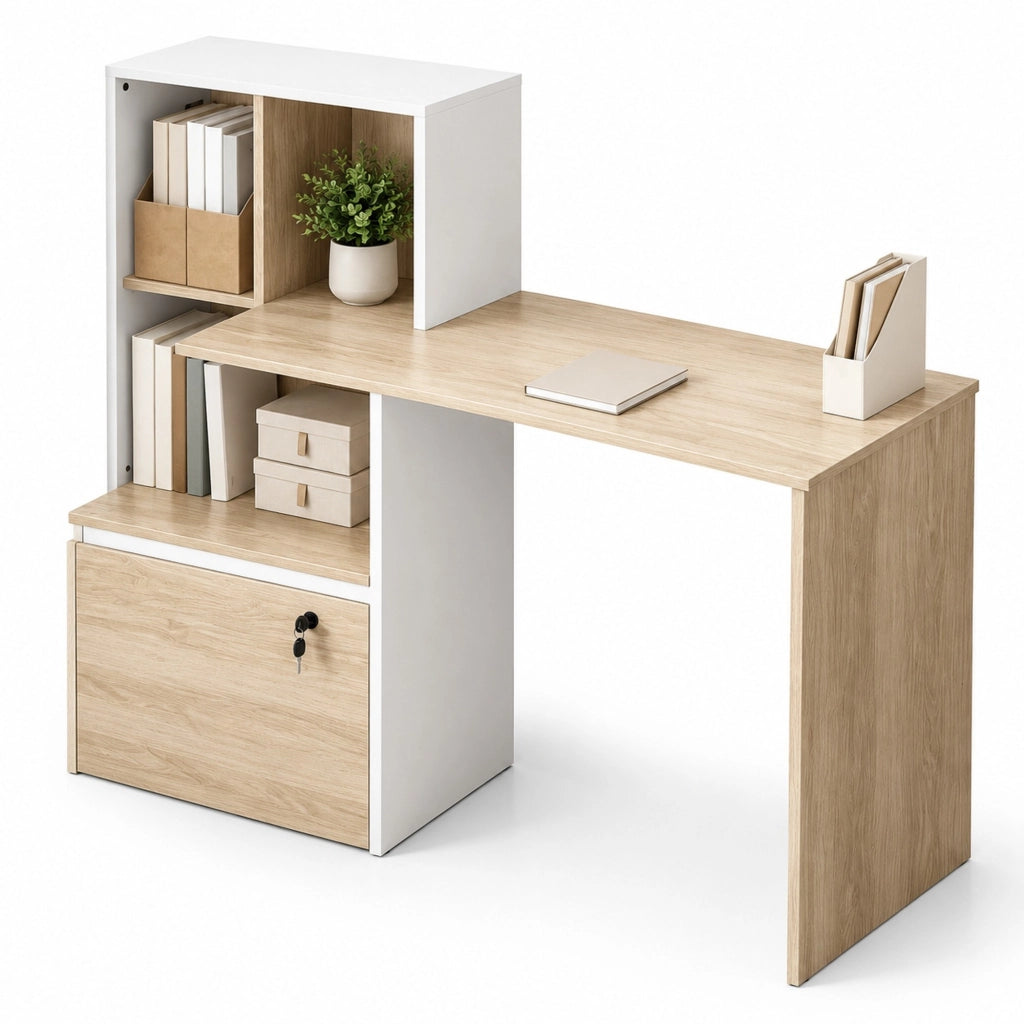 Scrivania per computer 126x50x109 cm bianco e rovere con vani e cassetto –