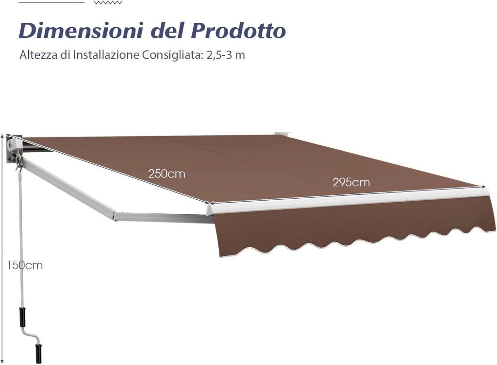 Tenda da Sole per Esterno Avvolgibile, Tenda da Sole a Bracci Estensibili con Telaio in Alluminio e Tettuccio Resistente al Sole e Impermeabile e Manovella (Marrone, 295 x 250 cm)