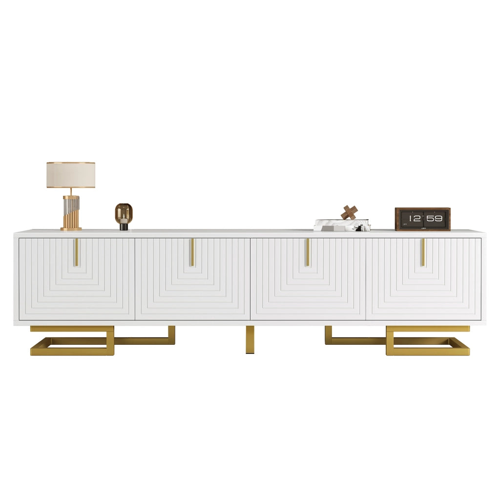 OKWISH Mobile TV con 4 Ante e Ripiani Interni, Cerniere Ammortizzate e Piedini Regolabili, per Soggiorno, Bianco, 160 x 38 x 44,5 cm