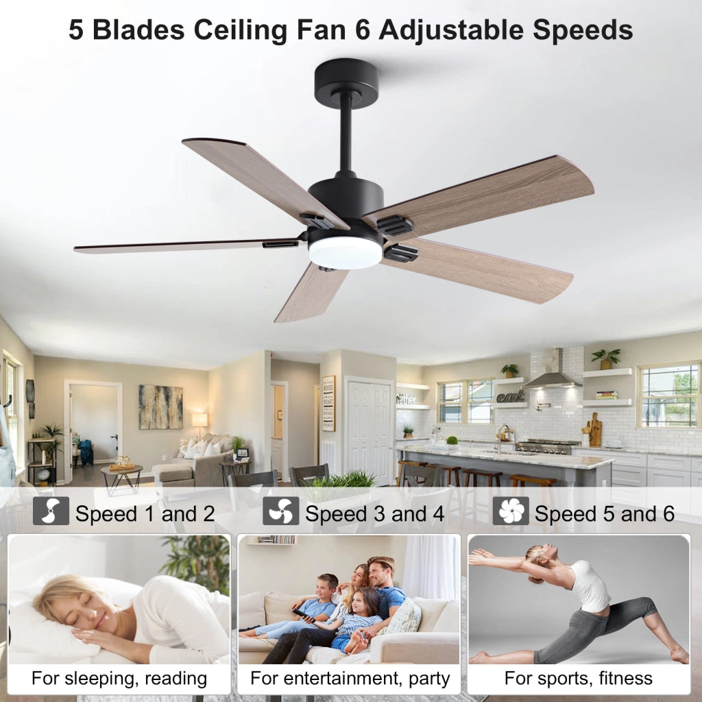 Ventilatore da soffitto 42 pollici con luce, nero moderno con telecomando, stile rustico, doppia finitura pale, motore potente