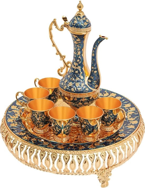Servizi da Tè - Set da Servizio - 6 Tazze - 1 Teiera - Teiera Turca - Incluso Piatto da Servire - Blu - Arancione