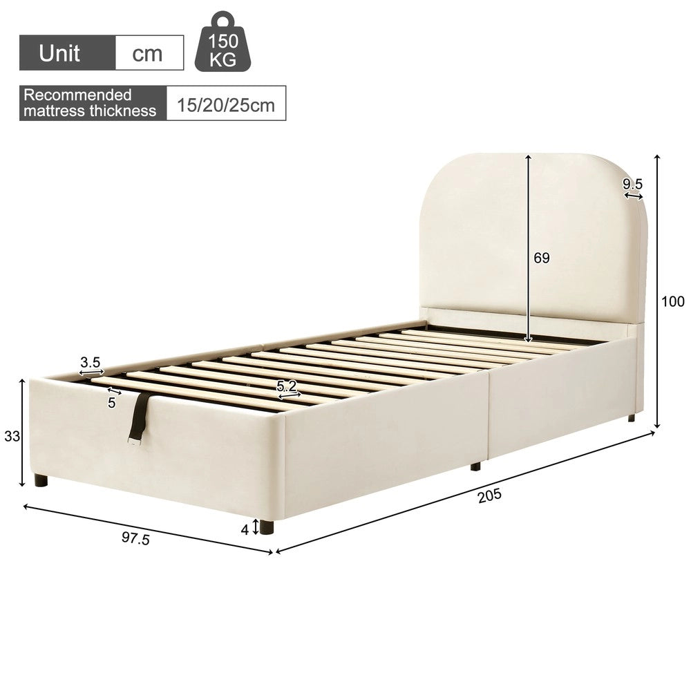 Letto Singolo Imbottito Contenitore ¨C Xylo ¨C Velluto Beige 90x190 con Rete a Doghe