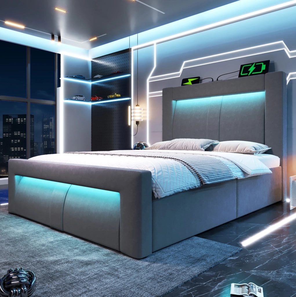 Letto singolo 90x200 cm con contenitore, LED e USB, grigio