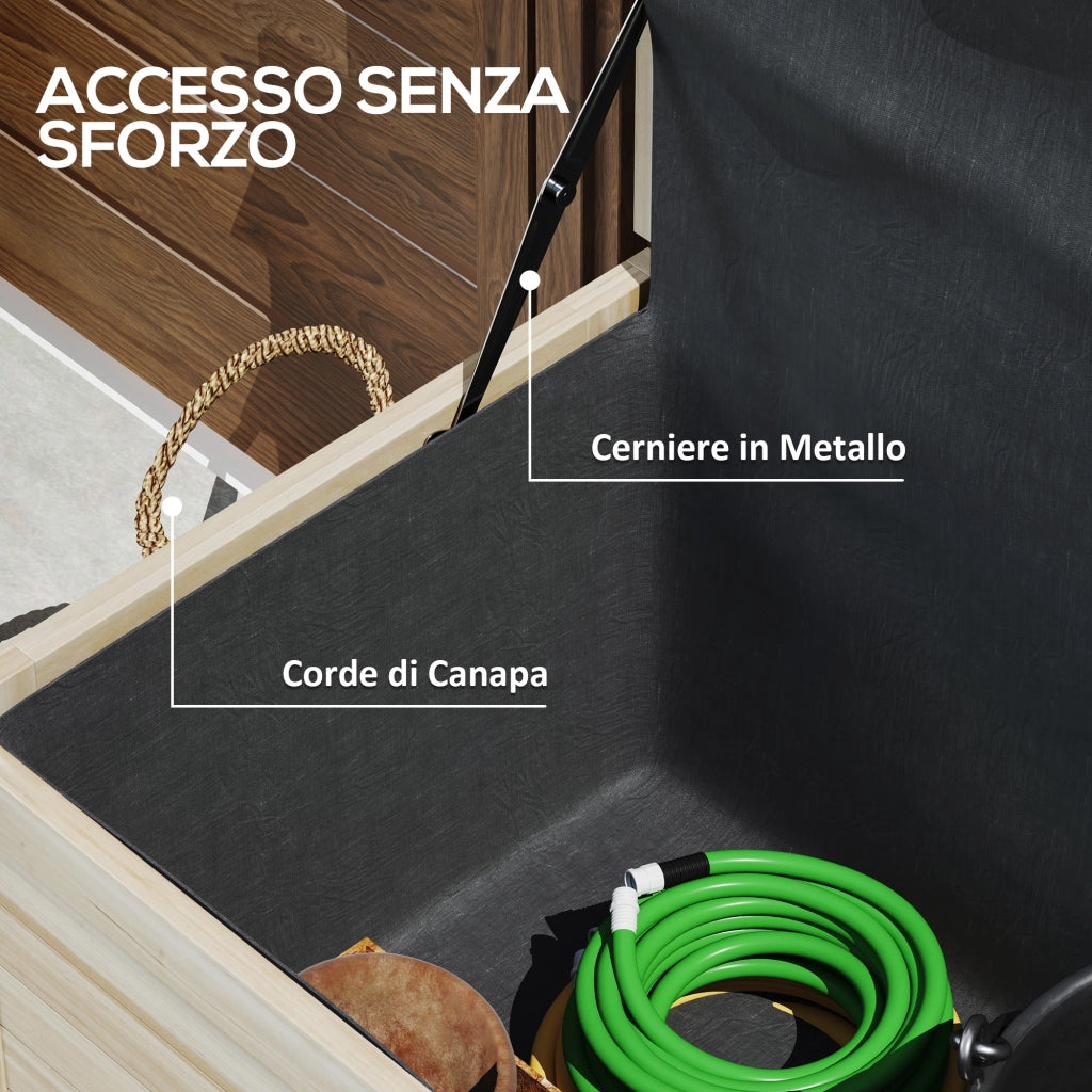 Baule Cassapanca da Esterno 110x50x50 cm a 2 Ruote con Telo Interno in Legno di Abete