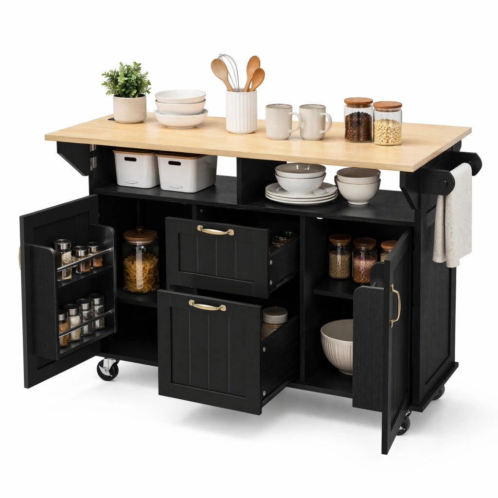 Isola da cucina mobile con piano pieghevole; prese AC USB e USB-C; MDF nero e naturale