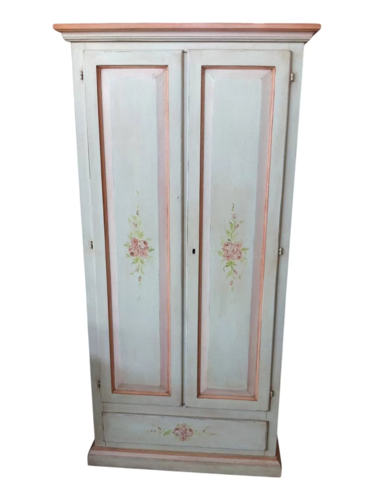 Armadio 2 porte shabby legno bianco anticato filo rosa decori 90x45x180 (474) - Mobili 2G