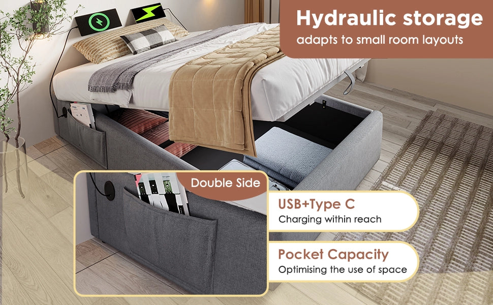 Letto Contenitore Matrimoniale Imbottito 160x200 ¨C Xylo ¨C Grigio, Tessuto, Rete a Doghe, USB