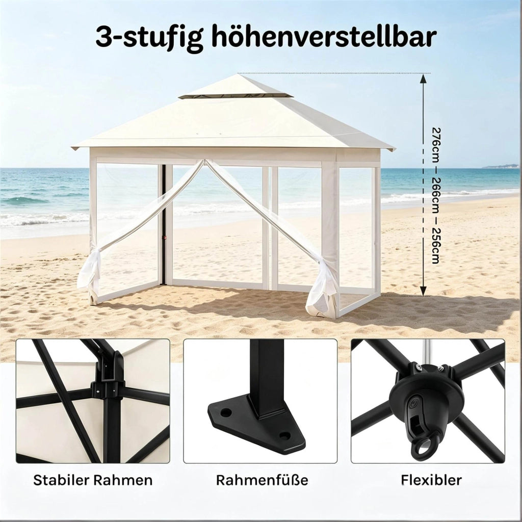 Gazebo pieghevole 3x3 m beige con zanzariere e doppio tetto