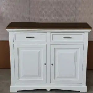 Credenza madia buffet 2 ante mod goccia Shabby chic bianco e noce scuro con maniglie stillo