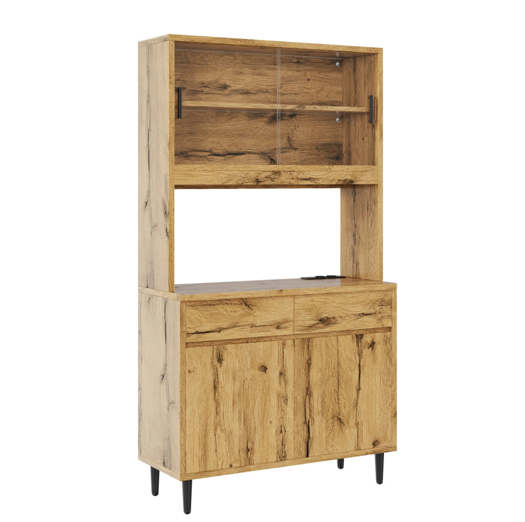 Credenza alta da sala da pranzo 100x40x185 cm con LED; prese e porte in vetro; rovere