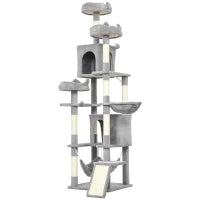 Albero Tiragraffi per Gatti con Scala, 2 Amache, 3 Posatoi, 2 Casette e 3 Piattaforme, 48x48x192 cm, Grigio e Crema