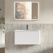 Set mobile bagno sospeso con lavabo integrato e specchio LED rotondo da 80 cm