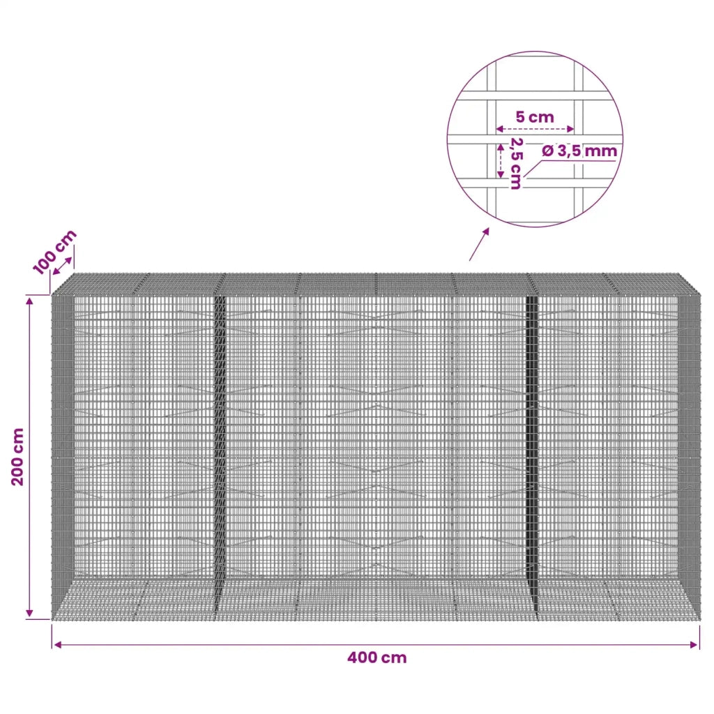 Gabione con filo da 3,5 mm e rete da 5x2,5 cm 400x100x200 cm 3462002