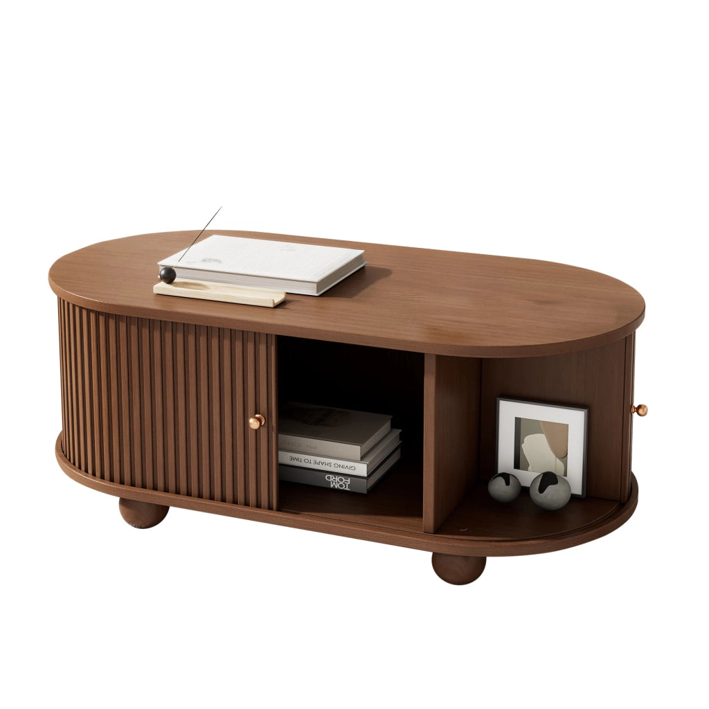 Tavolino da salotto ovale con anta scorrevole e vano contenitore; in MDF; Noce; 100 × 50 × 40 cm