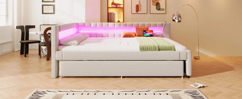 DESMIU Divano Letto 140 × 200 cm 2 posti con letto estraibile, LED, USB, Type-C, senza materasso, beige