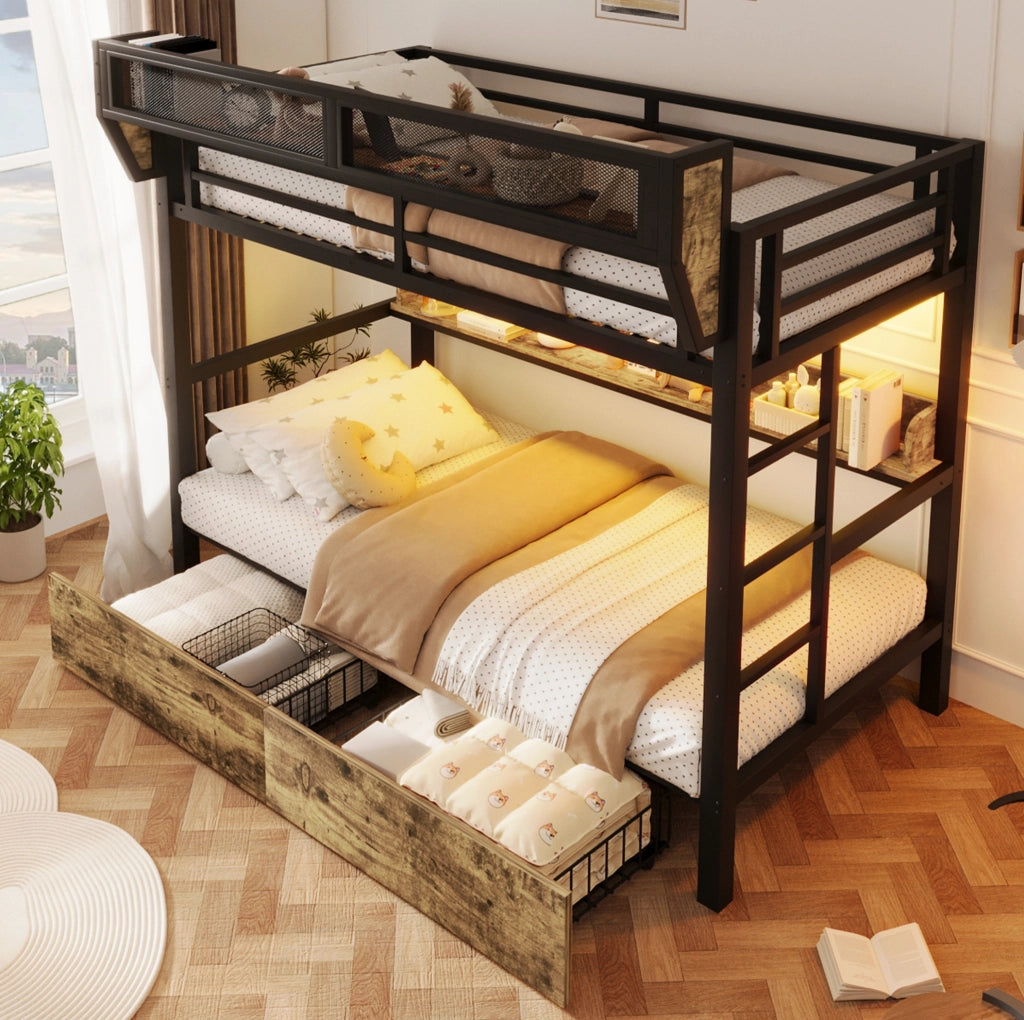Letto a castello 204x113x176.5 cm con LED integrato; 2 cassetti e struttura in metallo; nero