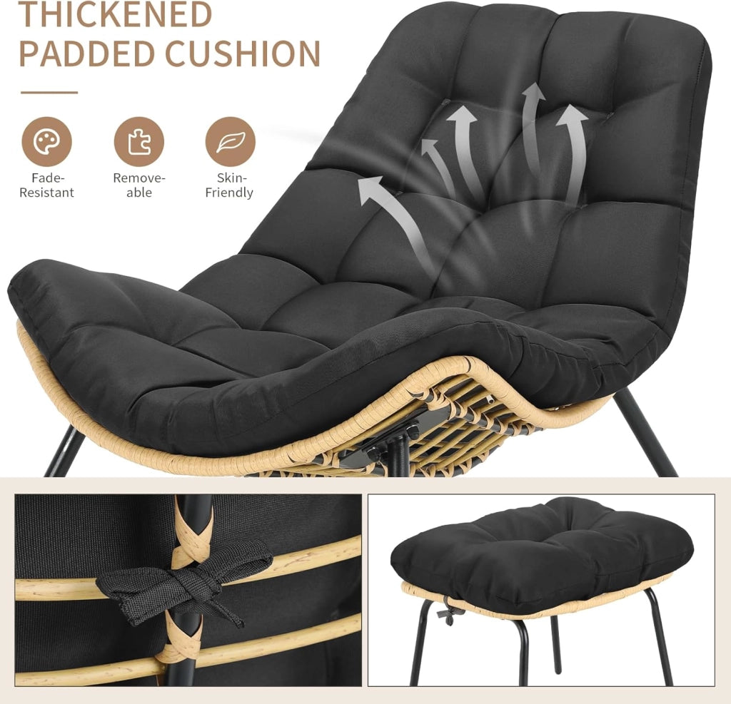 Sedia a sdraio con sgabello, in rattan, resistente alle intemperie, fino a 120 kg, poltrona da balcone con cuscino rimovibile, cuscino impermeabile, per giardino, balcone, soggiorno, cortile