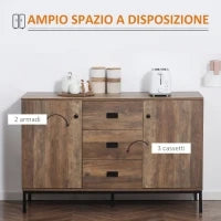 Credenza Moderna in Truciolato e Metallo con 2 Armadietti a 2 Ante con Ripiani e 3 Cassetti, 120x39.5x77 cm